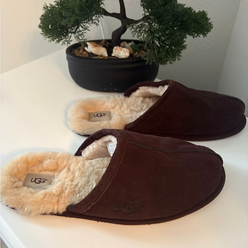 UGG Chocolate Suede Shearling Slippers - Picture 1 of 4